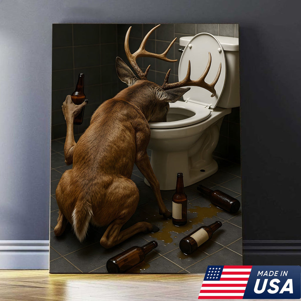 Funny Drunk Deer Canvas Wall Art, Hilarious Buck Bathroom Decor