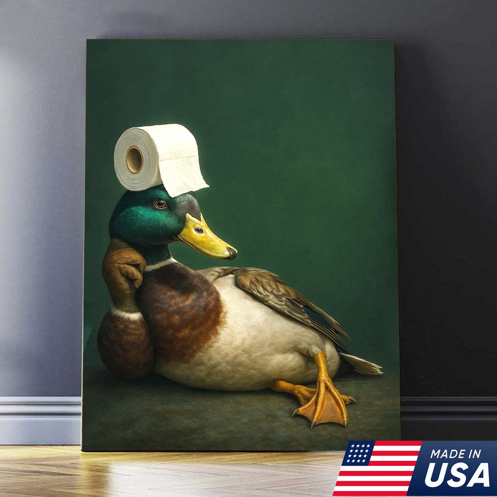 Funny Duck Bathroom Canvas Wall Art – Quirky Rustic Lodge Decor – Mallard Humor Gift Idea
