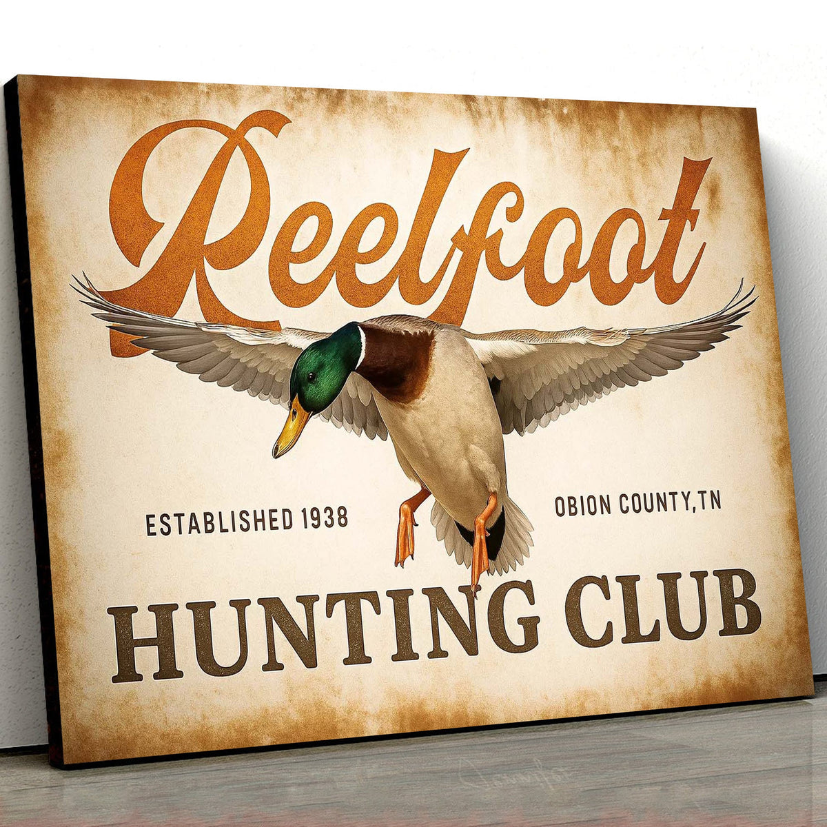 Personalized Retro Reelfoot Hunting Club Canvas Wall Art, Vintage Mallard Duck Sign