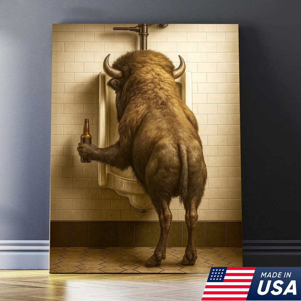 Funny Bison Canvas Wall Art - Rustic Bathroom Lodge Decor for Hunters - Unique Wildlife Cabin Print