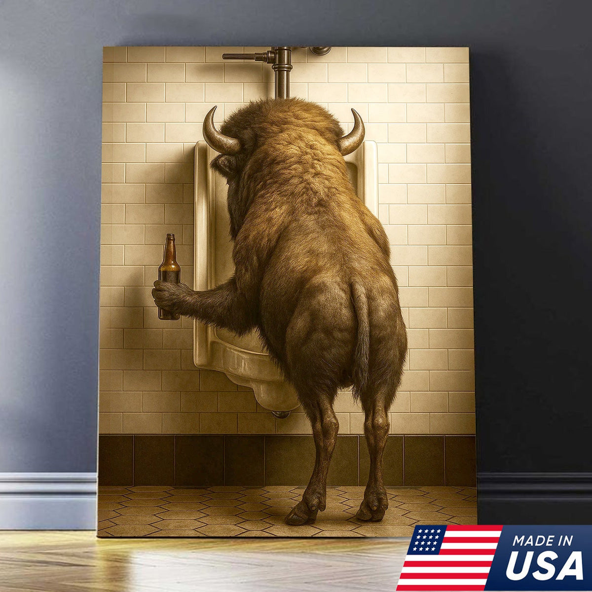 Funny Bison Canvas Wall Art - Rustic Bathroom Lodge Decor for Hunters - Unique Wildlife Cabin Print