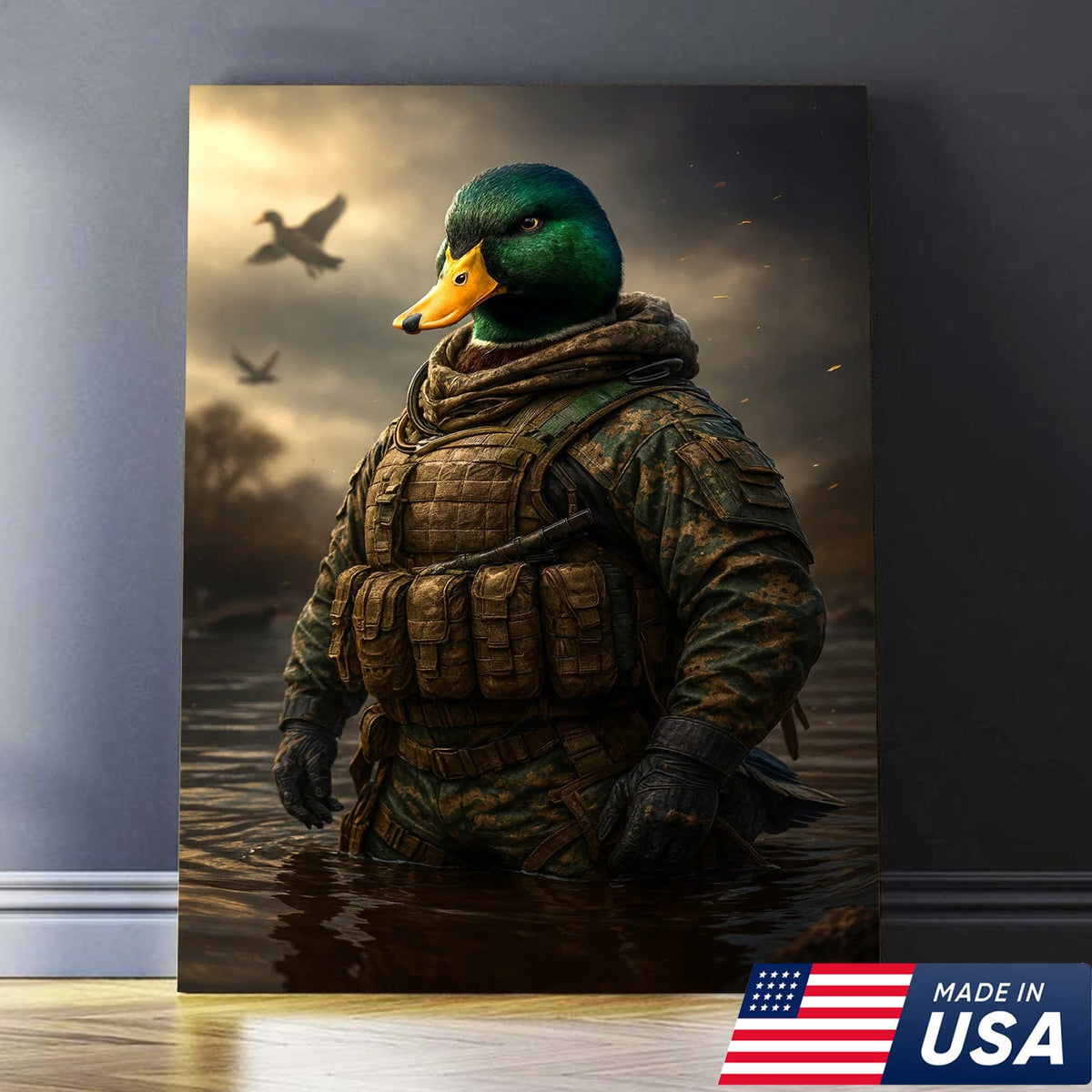 Tactical Duck Canvas Art – Elite Armored Mallard Warrior in Battle Scene
