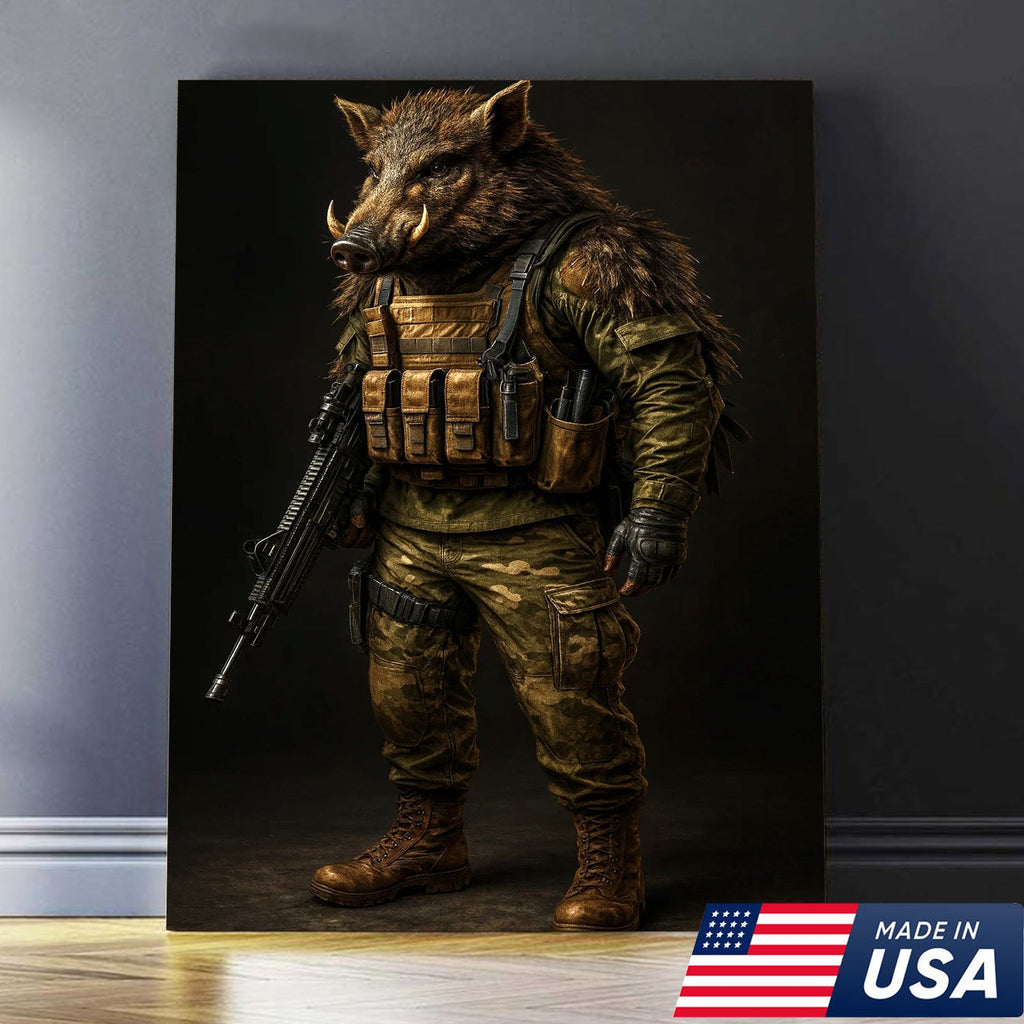 Tactical Boar Canvas Art – Armored Wild Hog Warrior in Combat Gear