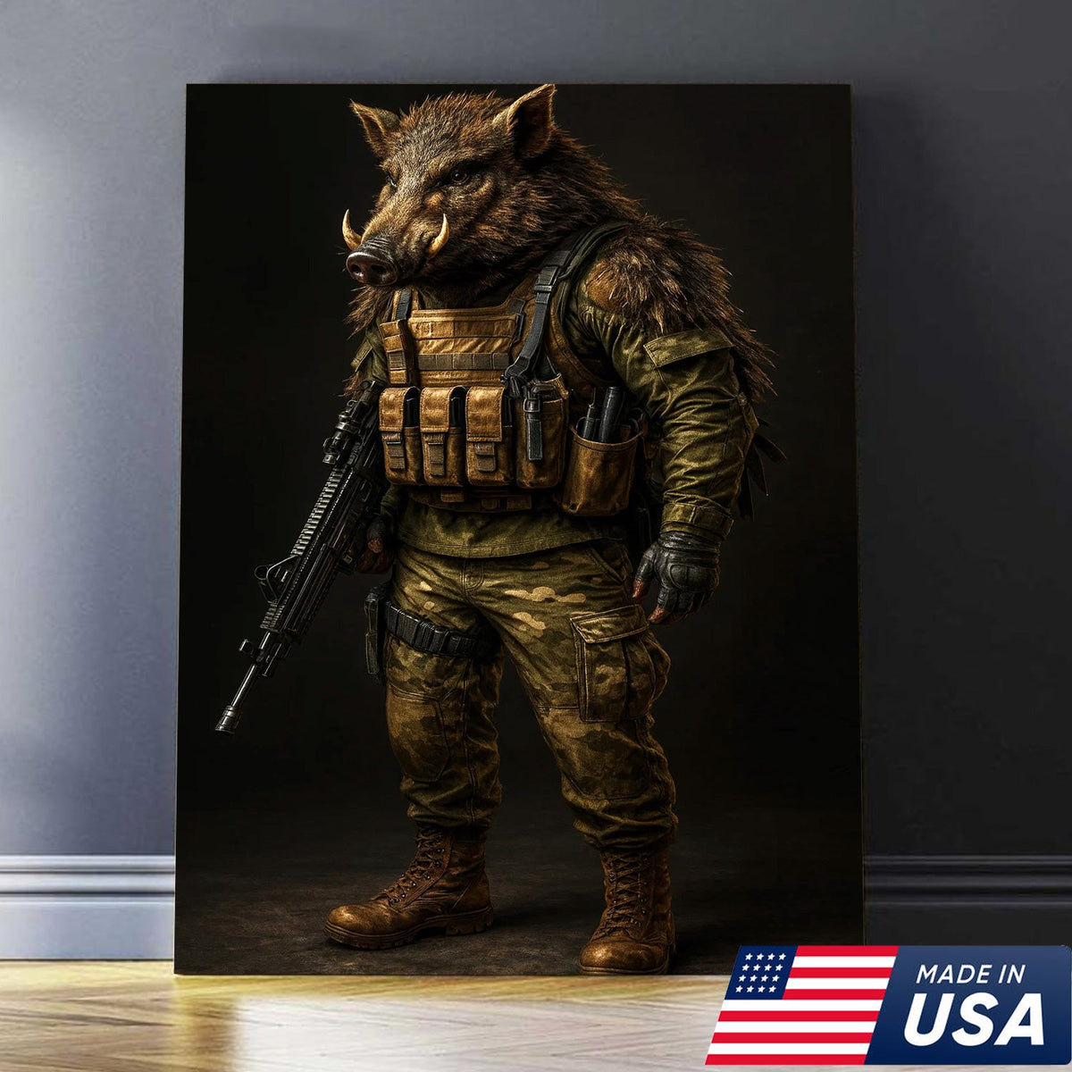 Tactical Boar Canvas Art – Armored Wild Hog Warrior in Combat Gear
