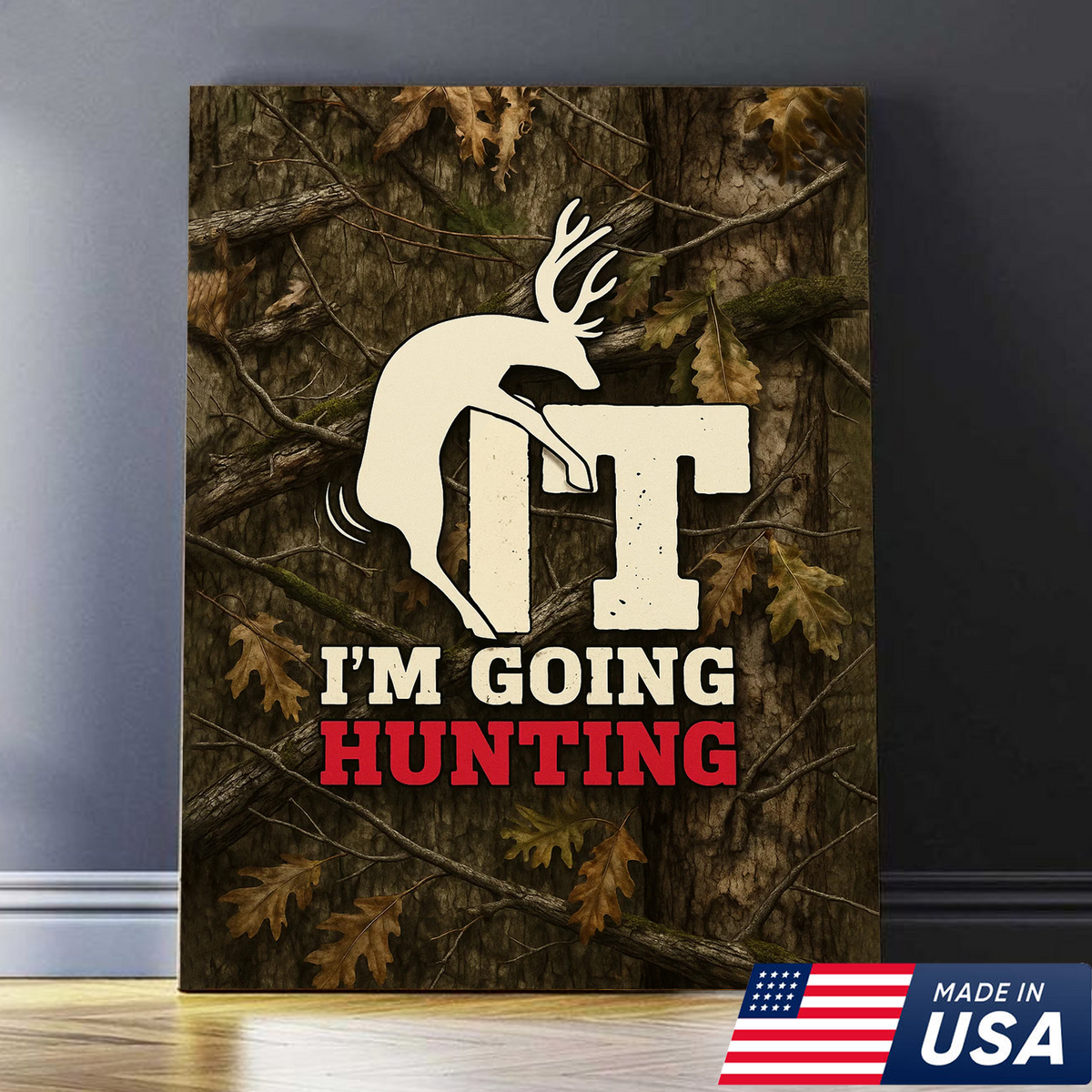 Funny Deer Hunting Canvas Wall Art - Rustic Camo Design for Hunters - Man Cave and Cabin Decor