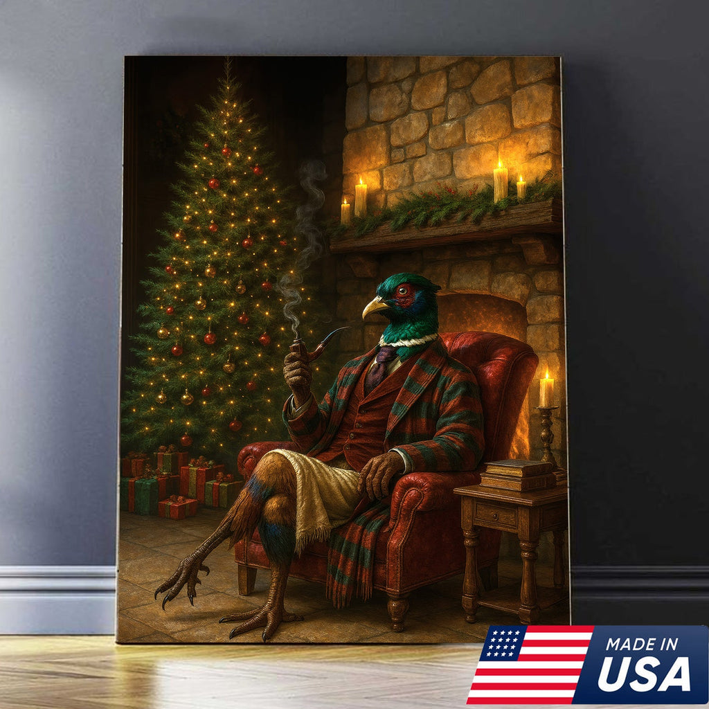 Holiday Pheasant Gentleman Canvas Wall Decor – Cozy Christmas Artwork for Cabin or Farmhouse
