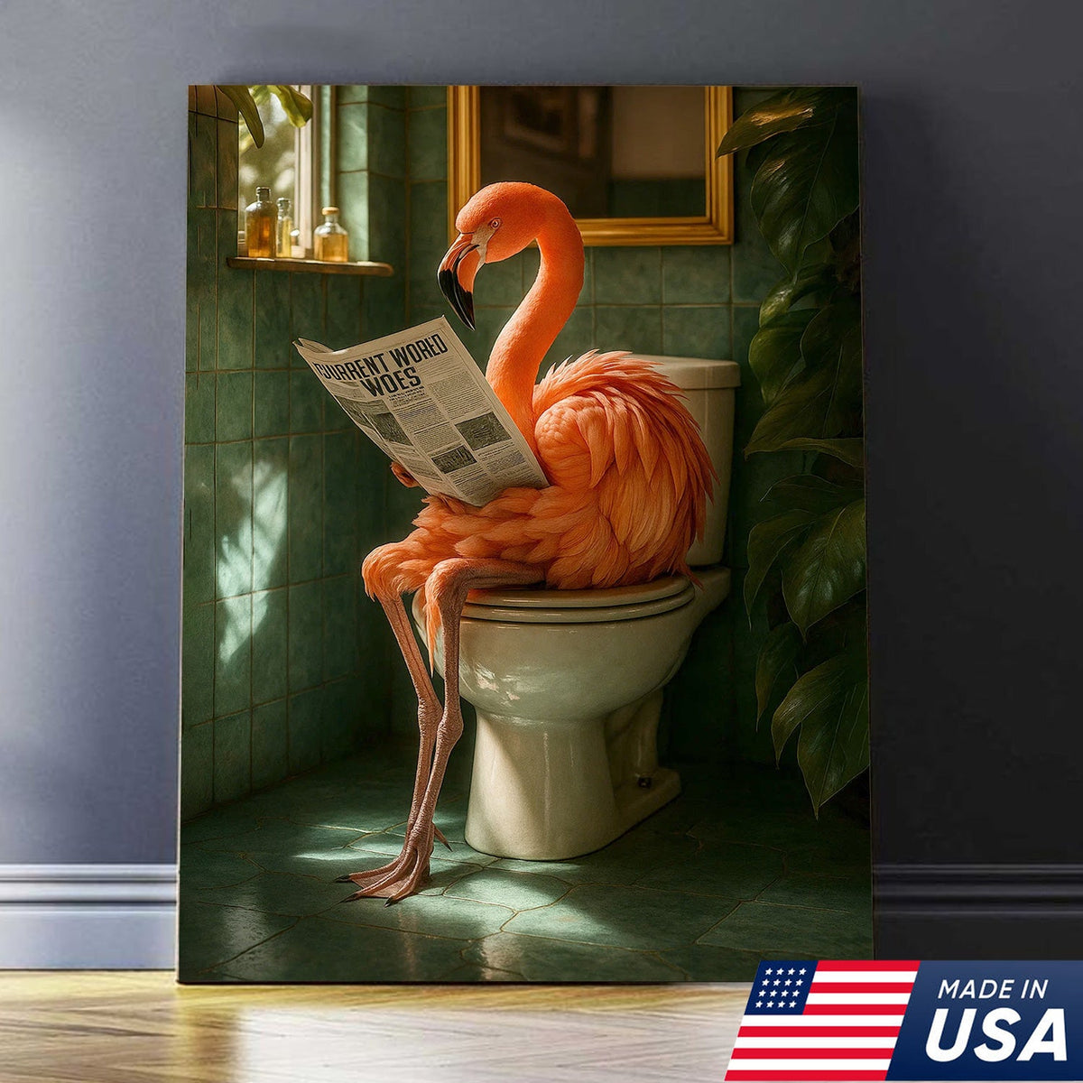 Funny Flamingo Bathroom Canvas Wall Art – Quirky Bird Reading Newspaper Print