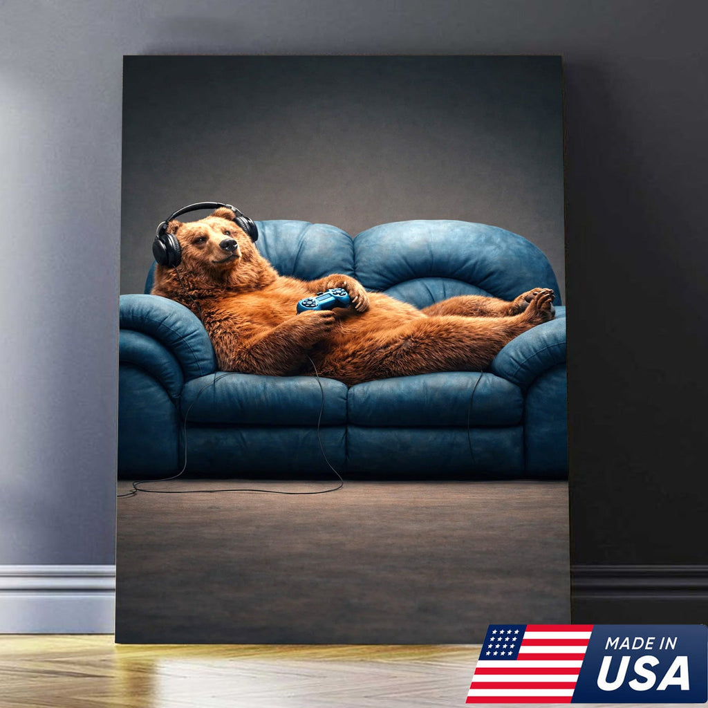 Funny Gamer Bear Wall Art Canvas Print, Relaxing Animal Gaming Illustration
