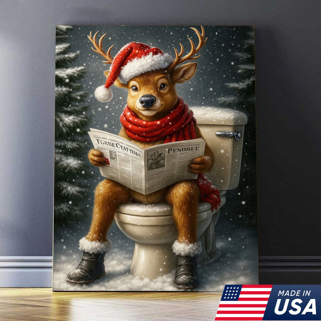 Funny Deer Christmas Canvas Wall Art – Holiday Bathroom Decor – Rustic Hunting Lodge Gift