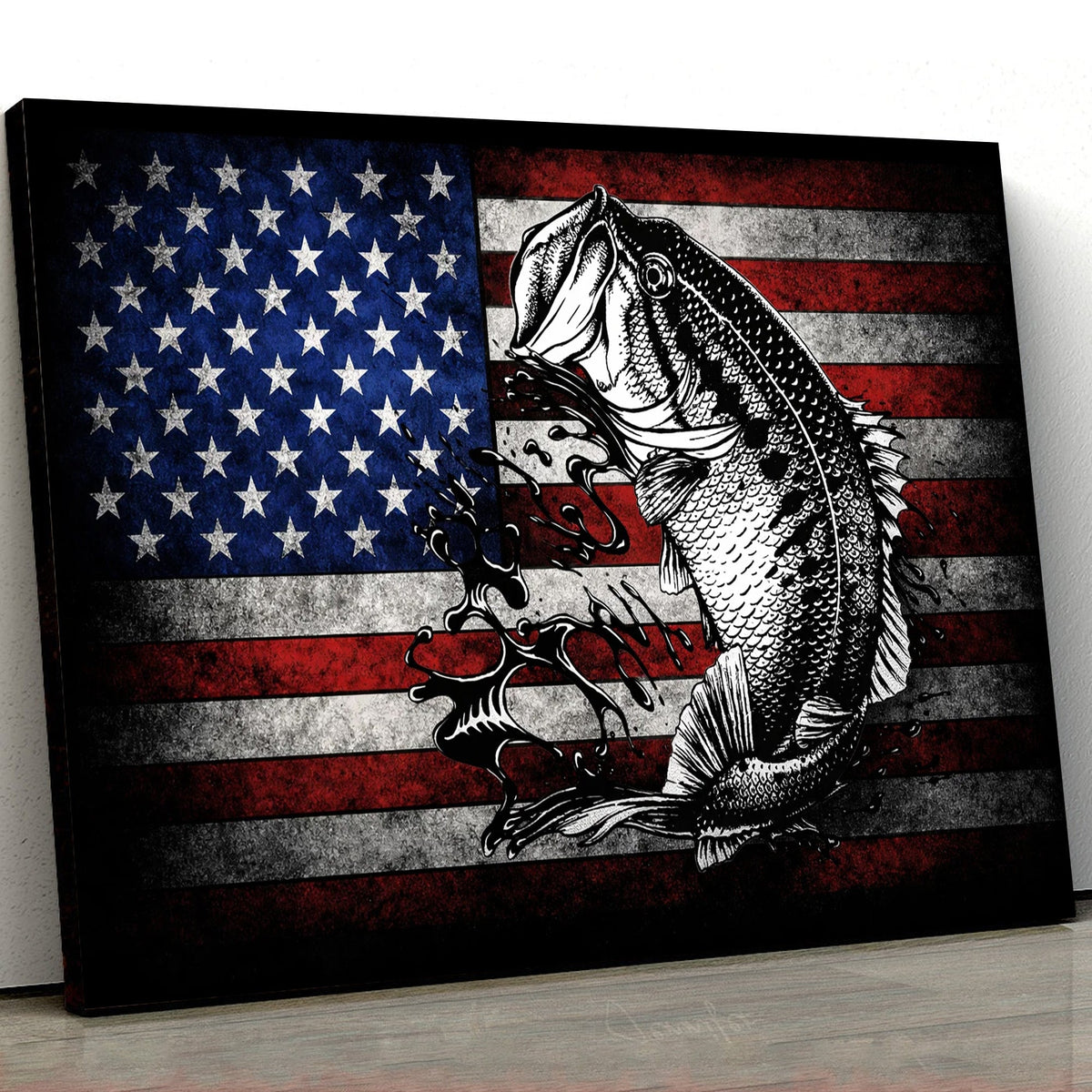 American Flag Bass Fishing Canvas Wall Art, Patriotic Fishing Fish Splash Artwork