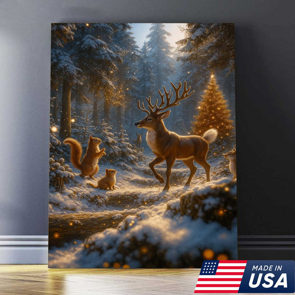 Christmas Deer Forest Wall Art Canvas – Magical Winter Woodland Print