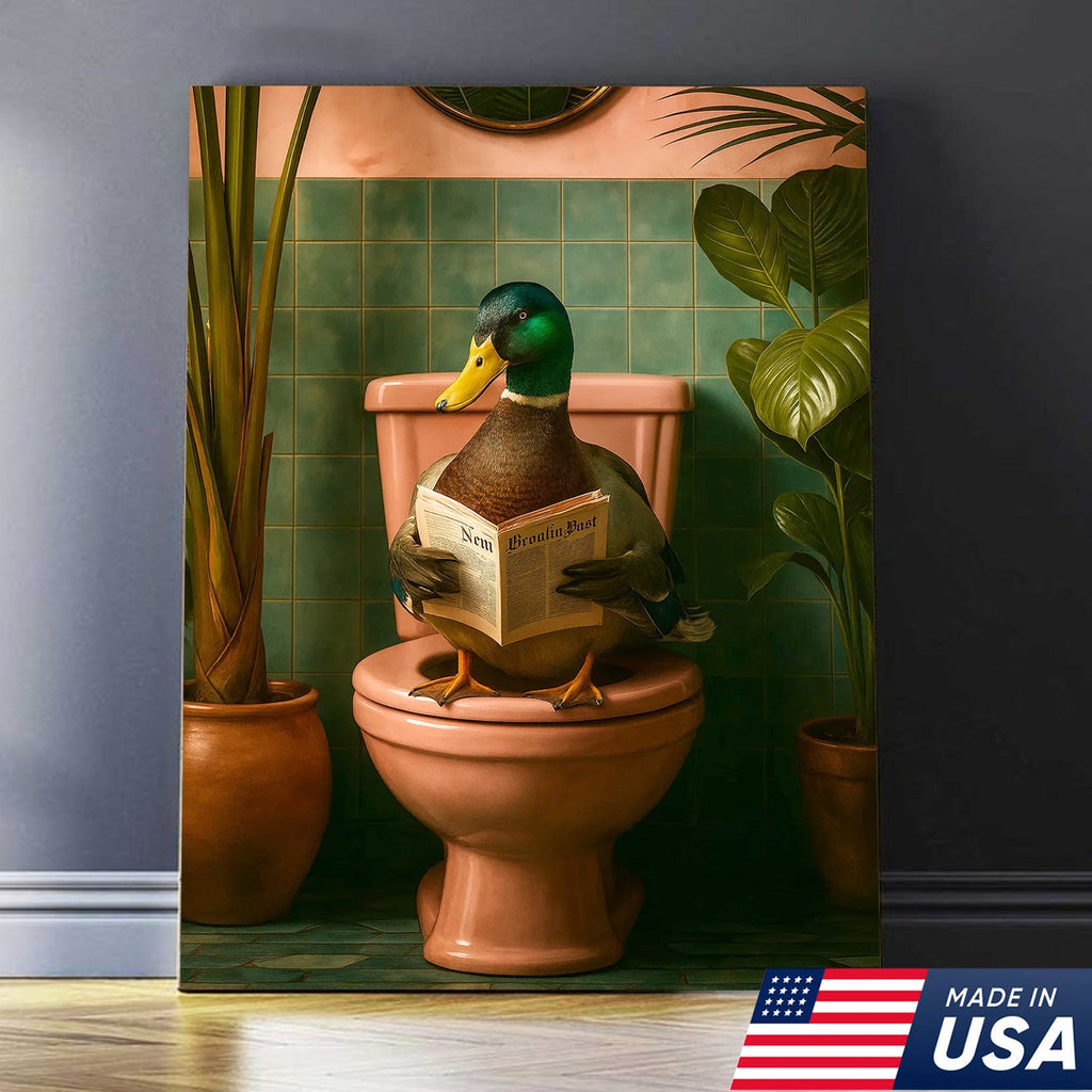 Whimsical Duck Bathroom Canvas Wall Art – Funny Rustic Lodge Decor – Mallard Reading Humor Print
