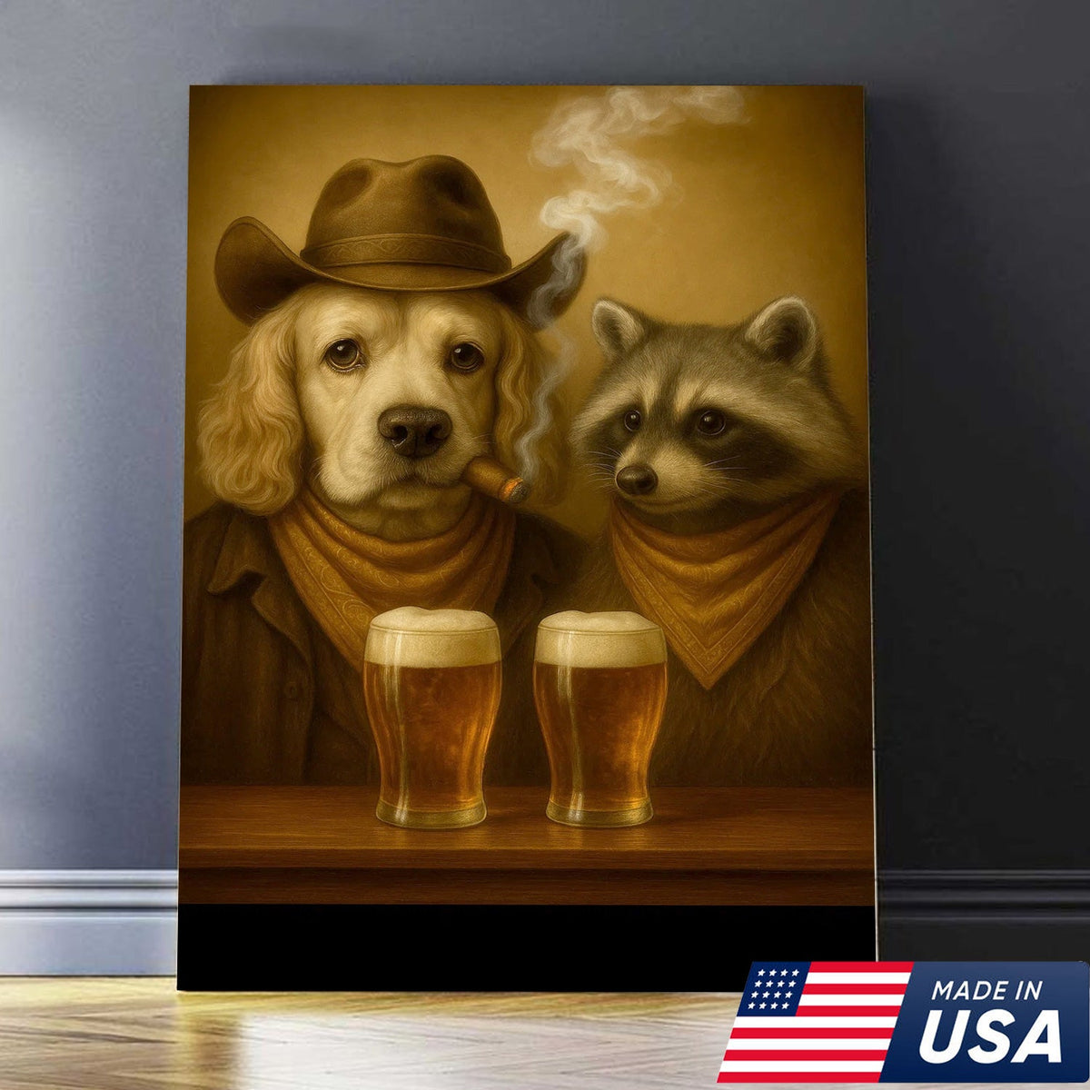 Funny Dog & Raccoon Bar Art – Cowboy Dog Smoking Cigar, Beer Buddies Wall Decor Gift for Men