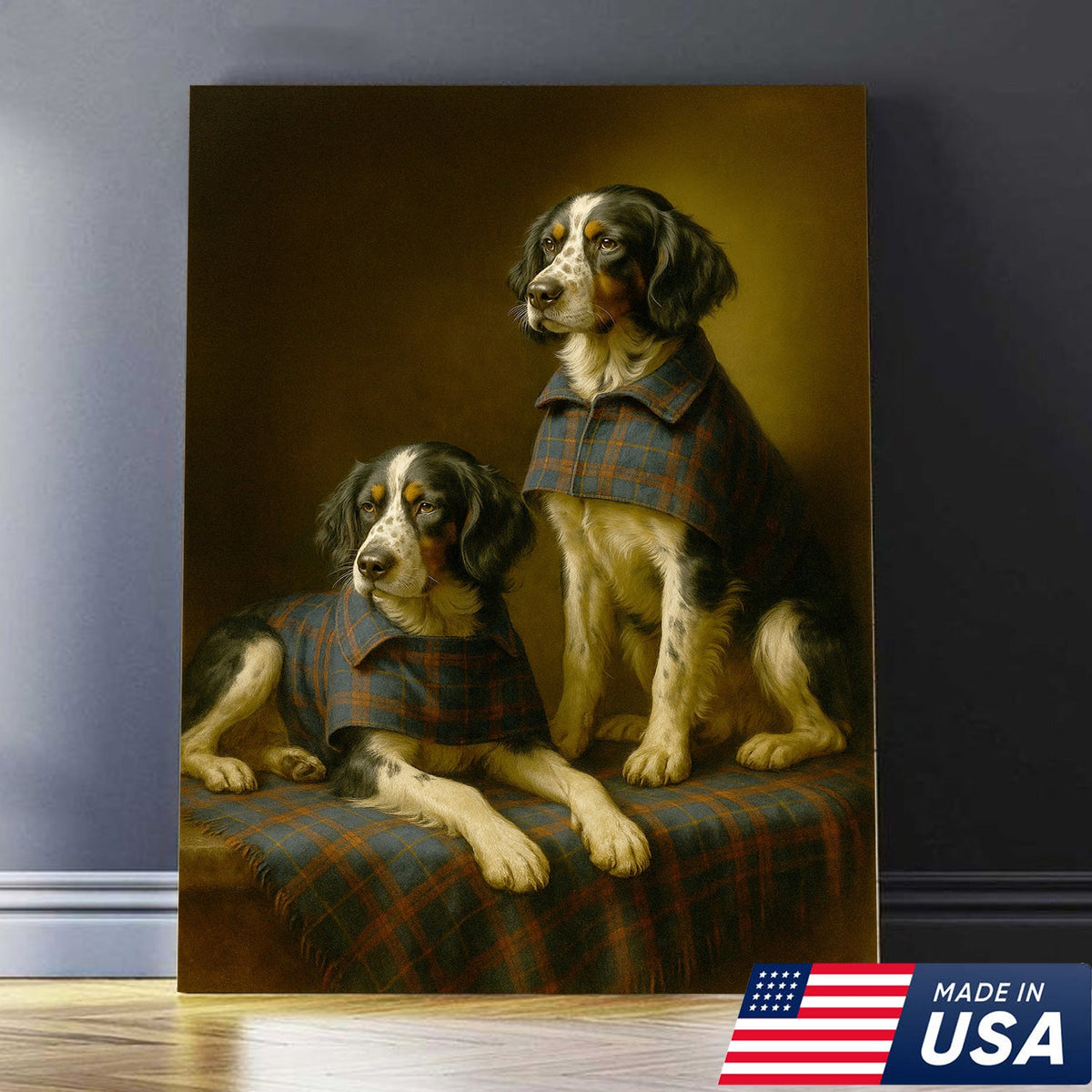 Elegant Dog Portrait Christmas Canvas Wall Art – Classic Plaid Outfit Decor