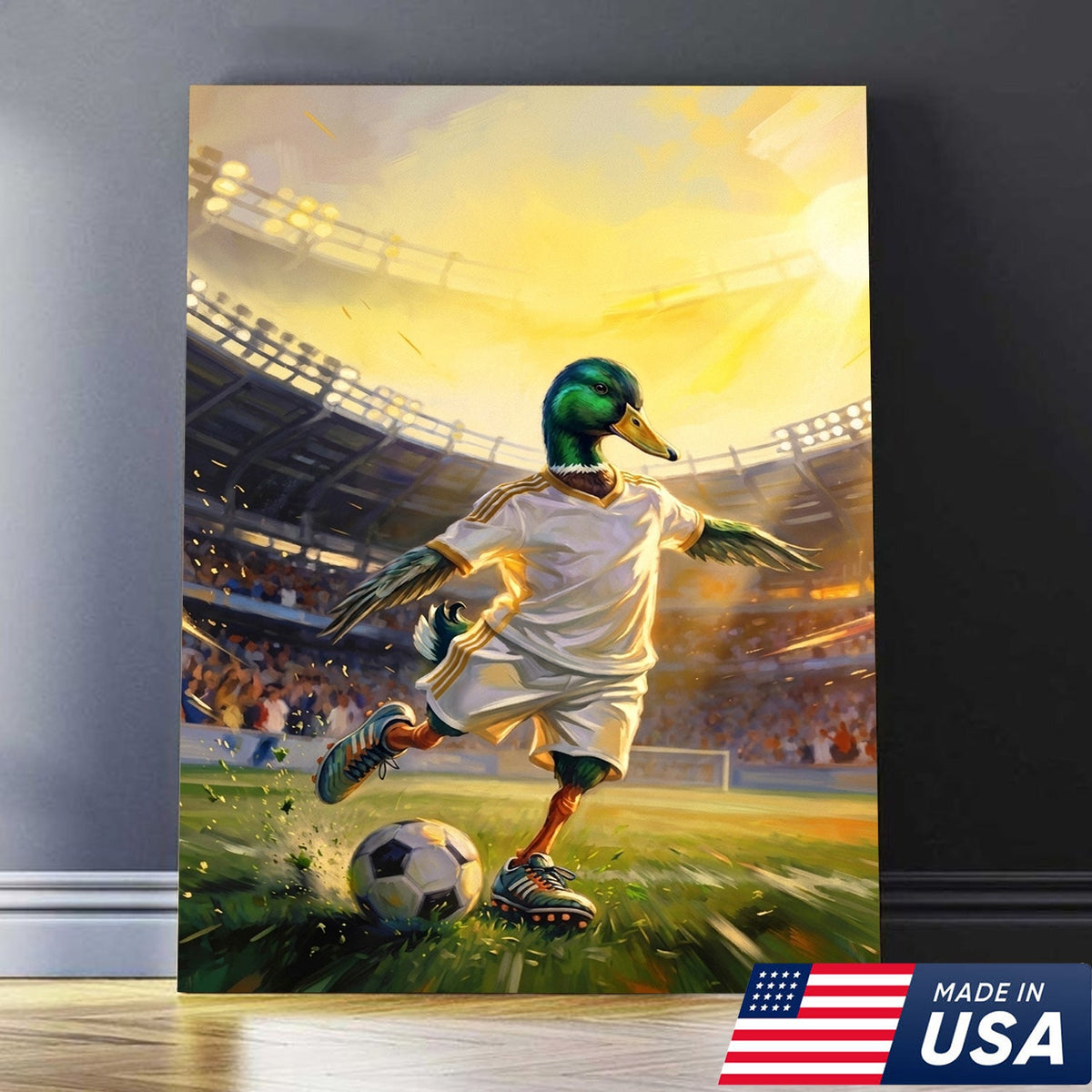 Funny Duck Playing Soccer Canvas, Animal Meme Wall Art, Soccer Decor