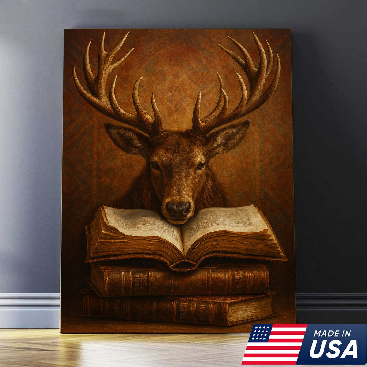 Wise Deer Canvas Wall Art – Rustic Library & Cabin Decor