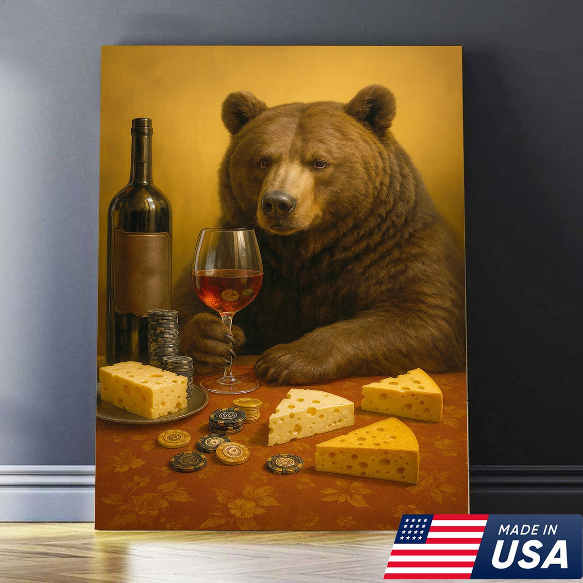 Funny Bear Wine & Cheese Wall Art Canvas - Poker Room Decor, Animal Painting for Home Bar