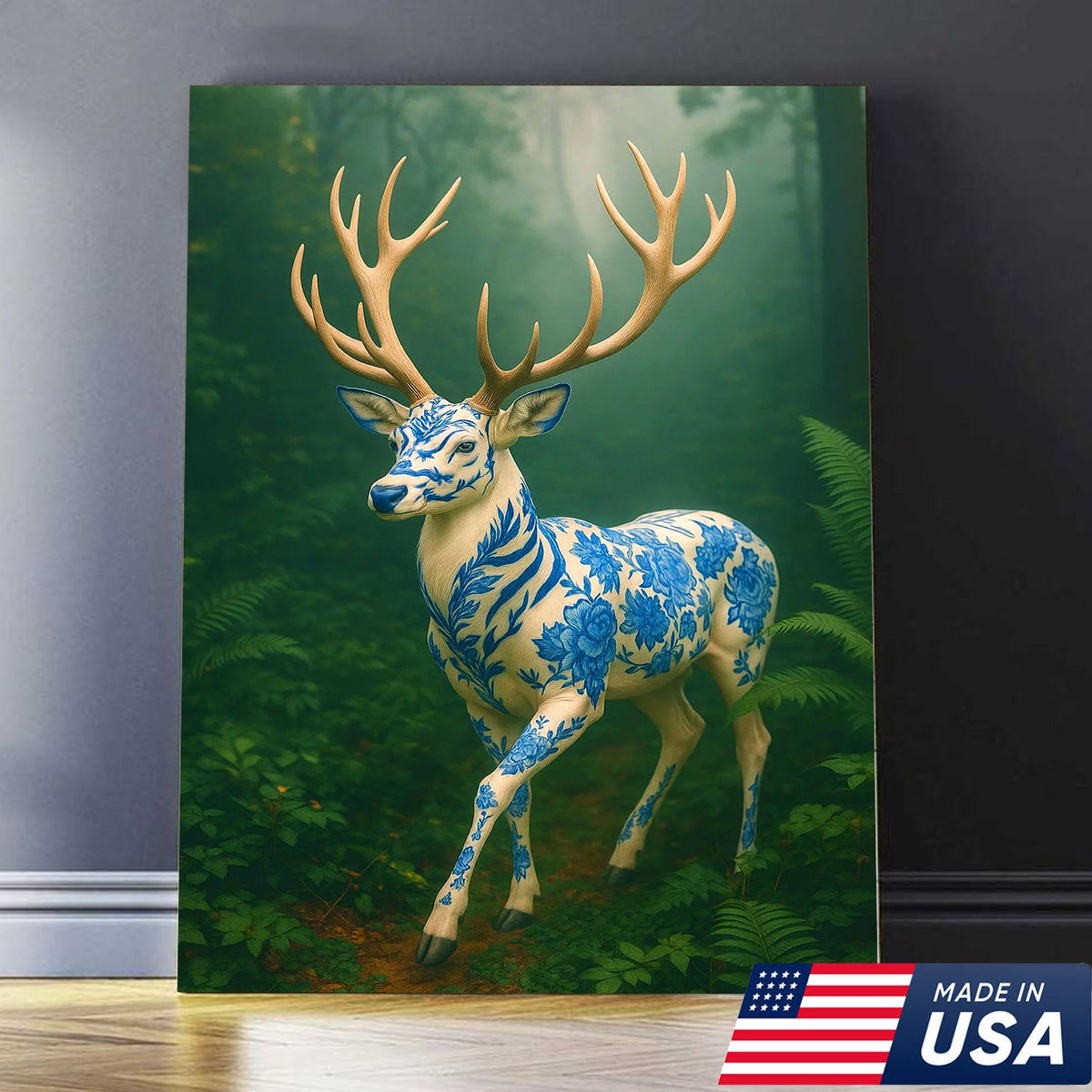 Blue Porcelain Deer Canvas, Elegant Woodland Art Print for Nature Lovers