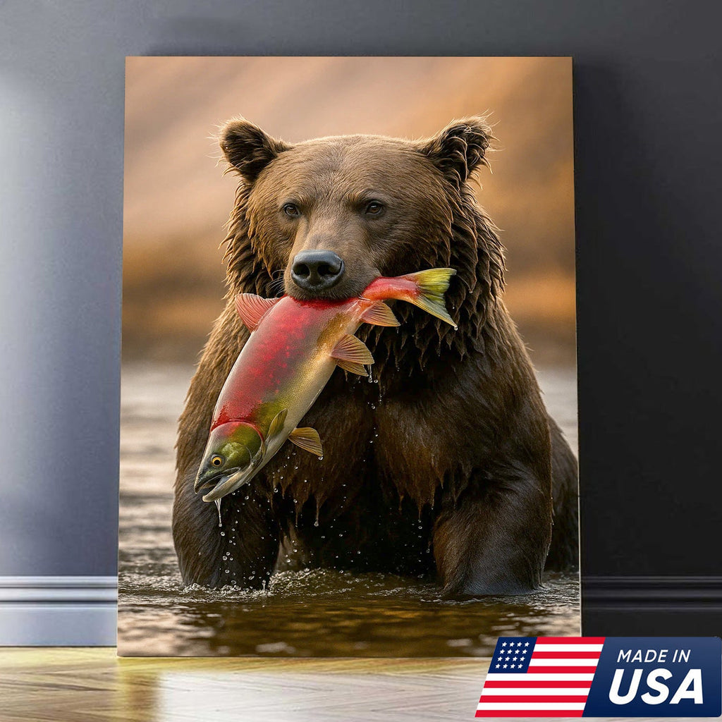 Bear Catching Salmon Canvas Wall Art, Wildlife River Cabin Decor, Nature Lover Gift