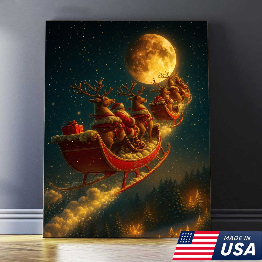Magical Santa Sleigh and Reindeer Canvas – Christmas Wall Art Gift for Hunters & Holiday Lovers
