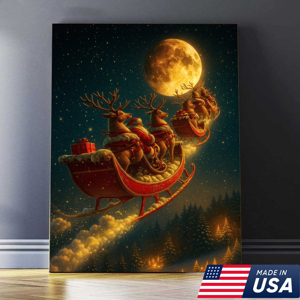 Magical Santa Sleigh and Reindeer Canvas – Christmas Wall Art Gift for Hunters & Holiday Lovers