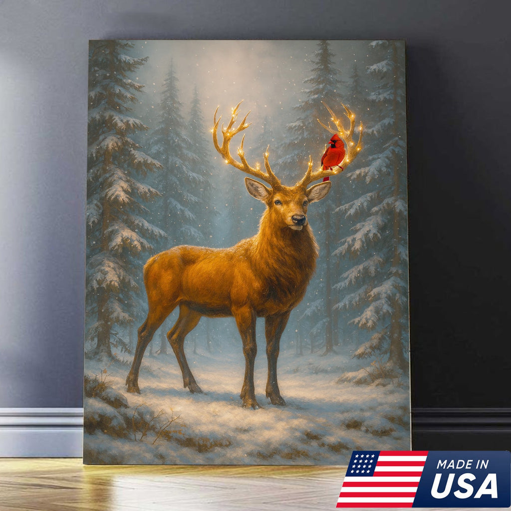 Majestic Deer Christmas Canvas Wall Art – Winter Woodland Decor, Lighted Antlers Canvas