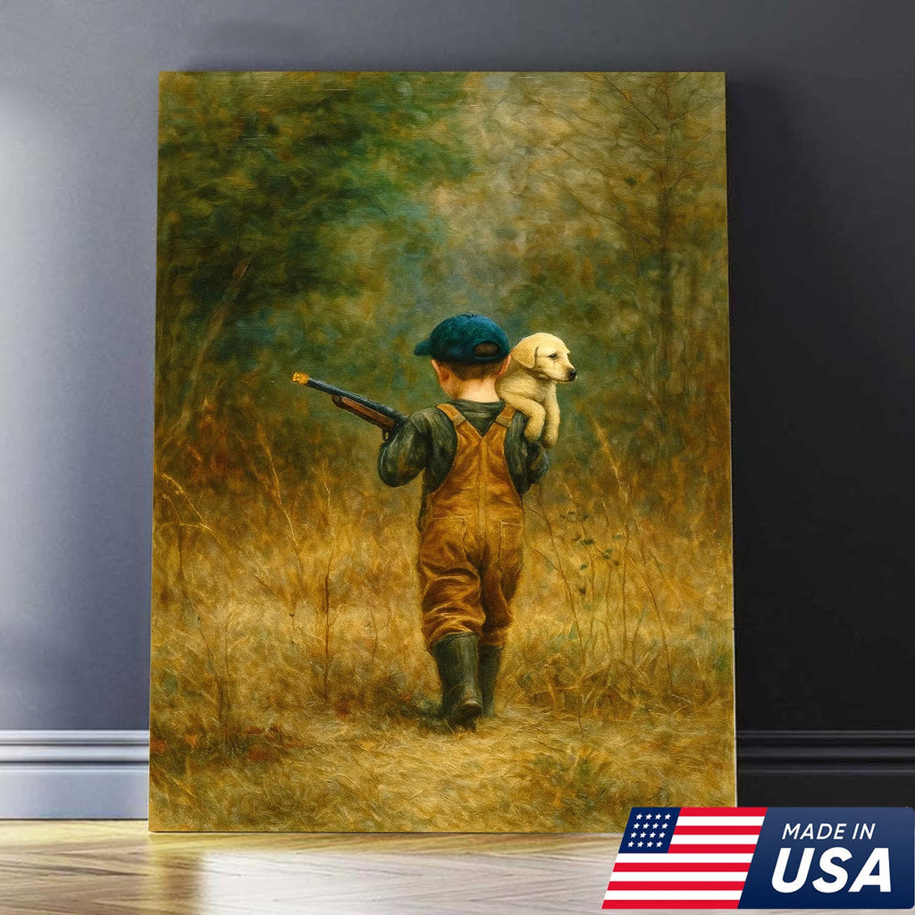 Little Hunter and Puppy Canvas Wall Art, Wholesome Boy with Dog Artwork