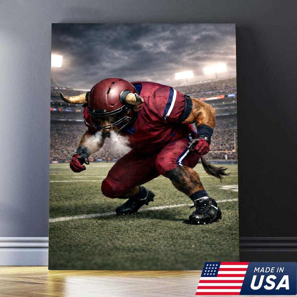 Fierce Bull Football Canvas Wall Art – Charging Horned Athlete Stadium Print