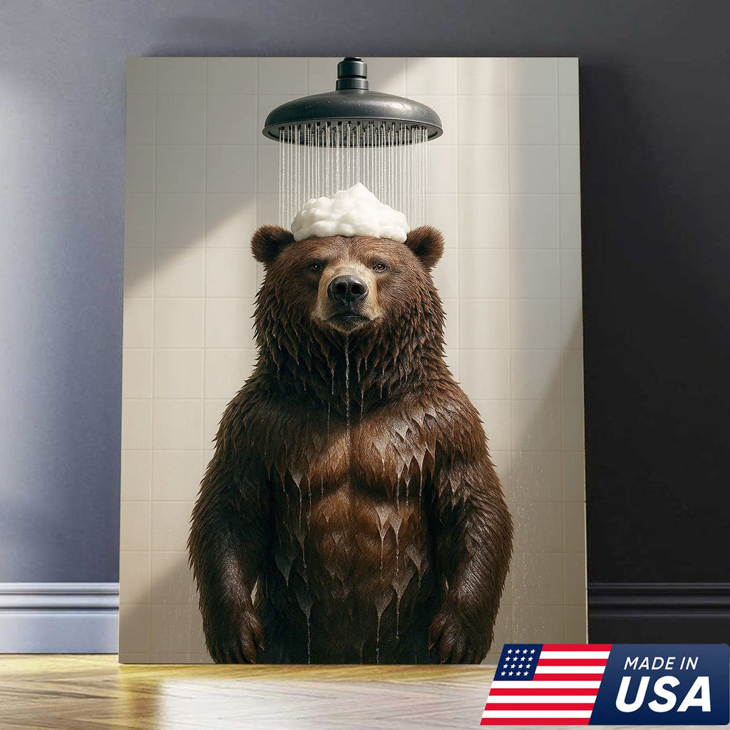 Funny Bear Taking Shower Bathroom Canvas Wall Art, Rustic Cabin Lodge Bathroom Decor