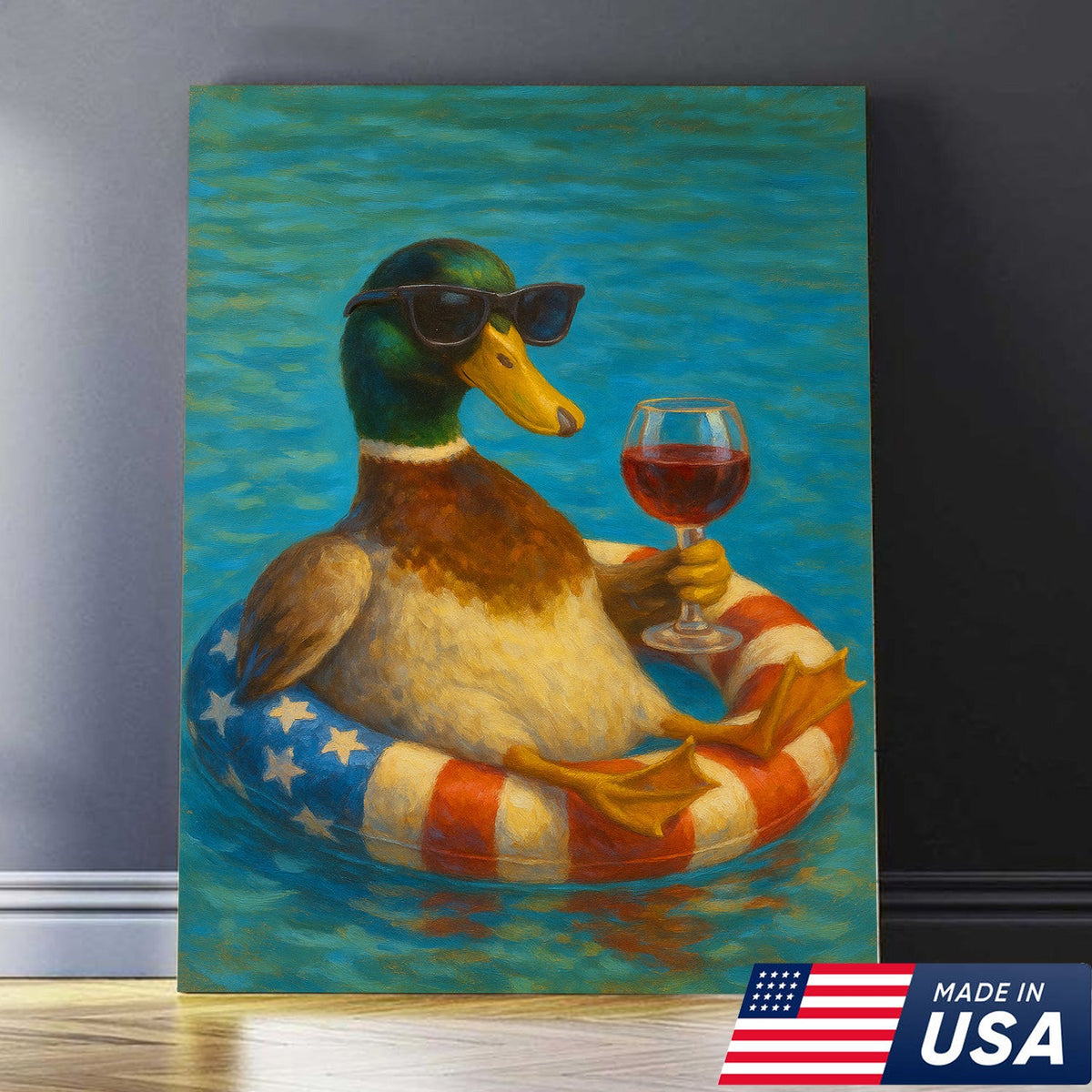 Cool Duck with Wine Canvas – Sunglasses, USA Flag Pool Float, Funny Summer Wall Art
