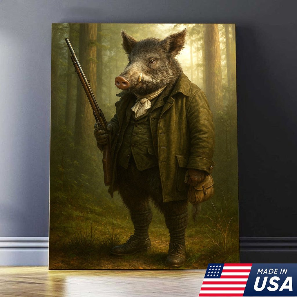 Funny Wild Boar Hunter Canvas Wall Art – Rustic Hunting Lodge Decor Gift for Hunters