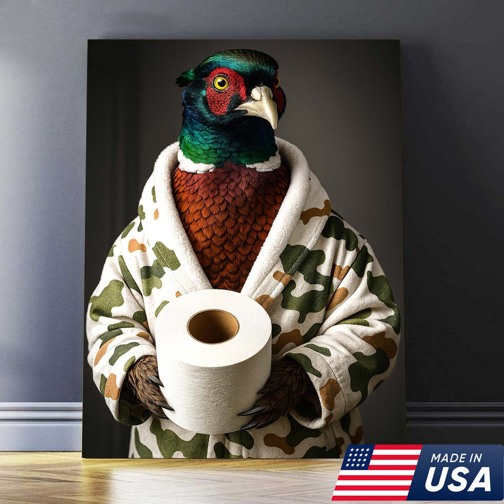 Funny Pheasant Bathroom Wall Art – Camo Robe Bird Holding Toilet Paper Print