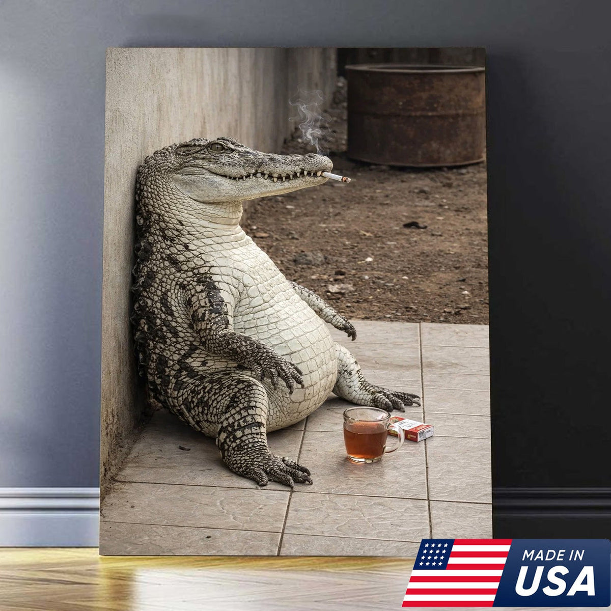 Funny Crocodile Smoking & Drinking Coffee Canvas Wall Art, Dark Humor Animal Illustration