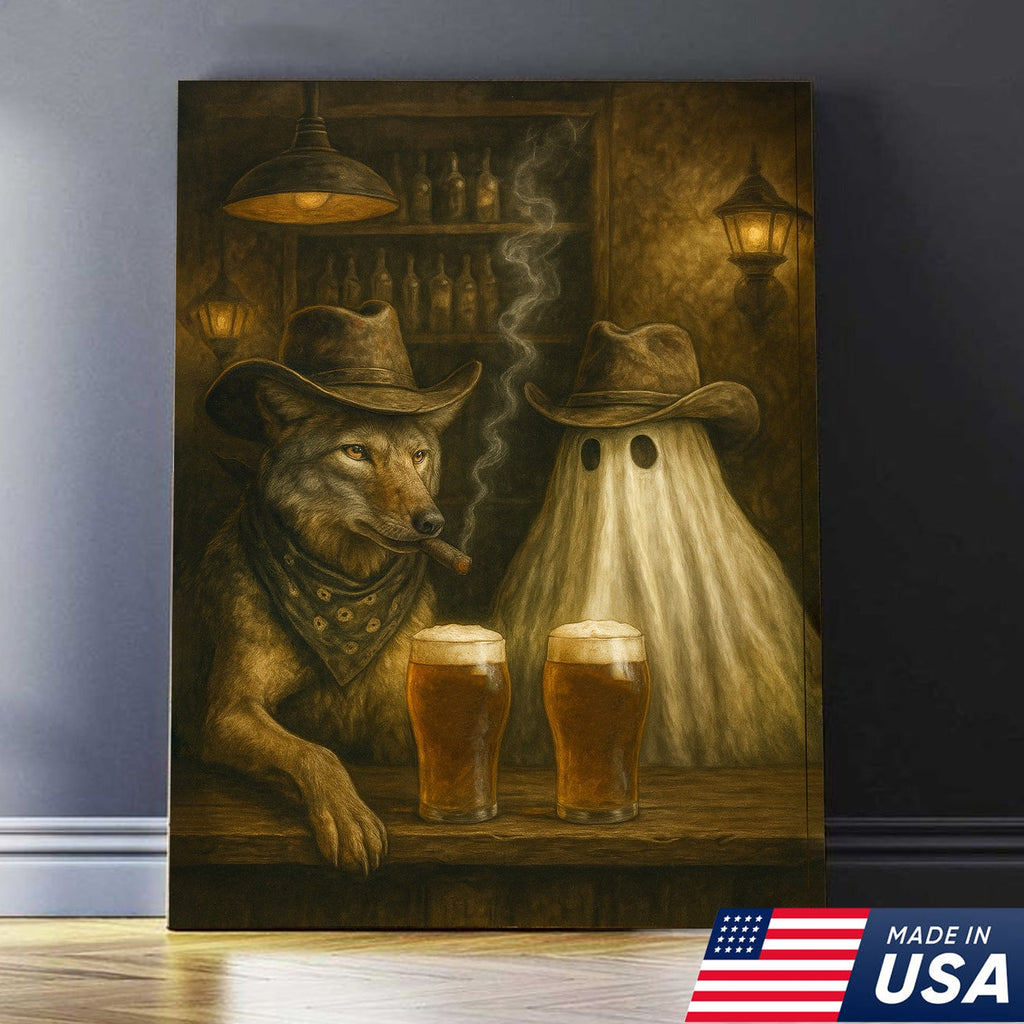 Cowboy Wolf & Ghost Canvas – Rustic Western Bar Wall Art for Halloween