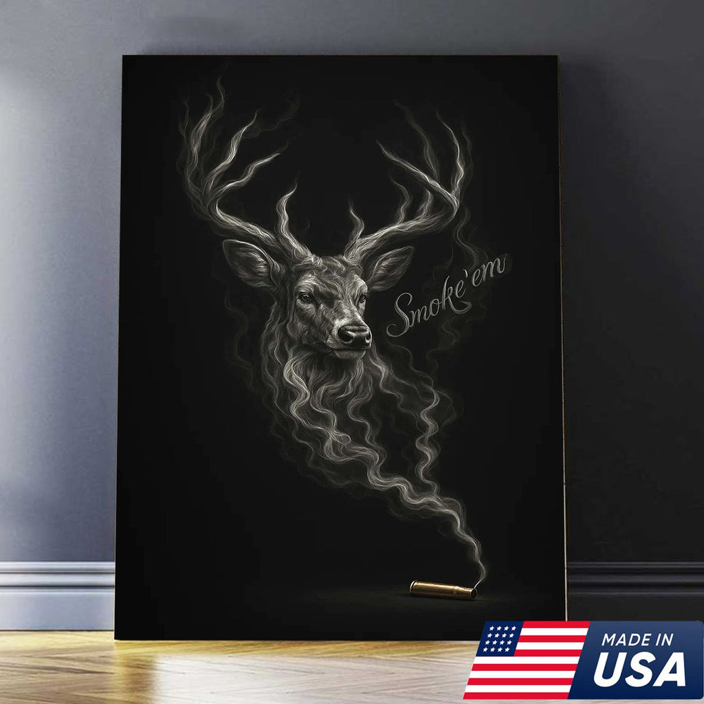 Smoke ’Em Deer Canvas, Rustic Hunter Wall Art, Smoky Buck Skull Design