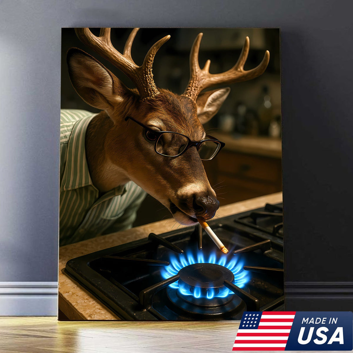Funny Deer Smoking Canvas, Hilarious Buck Wall Art for Hunters, Rustic Cabin or Man Cave Decor