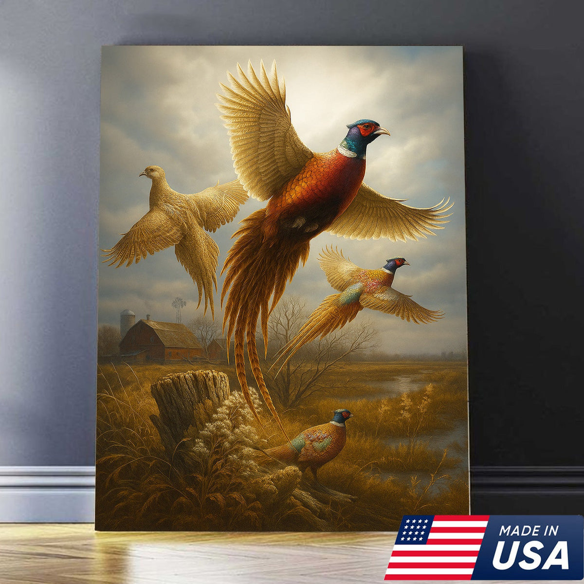 Pheasant in Flight Canvas – Rustic Countryside Wall Art for Lodge & Hunting Decor