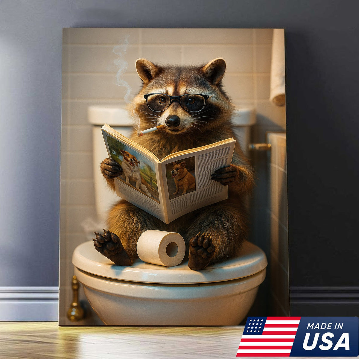 Funny Raccoon On Toilet Canvas – Smoking Raccoon Reading on Toilet, Bathroom Humor Wall Art