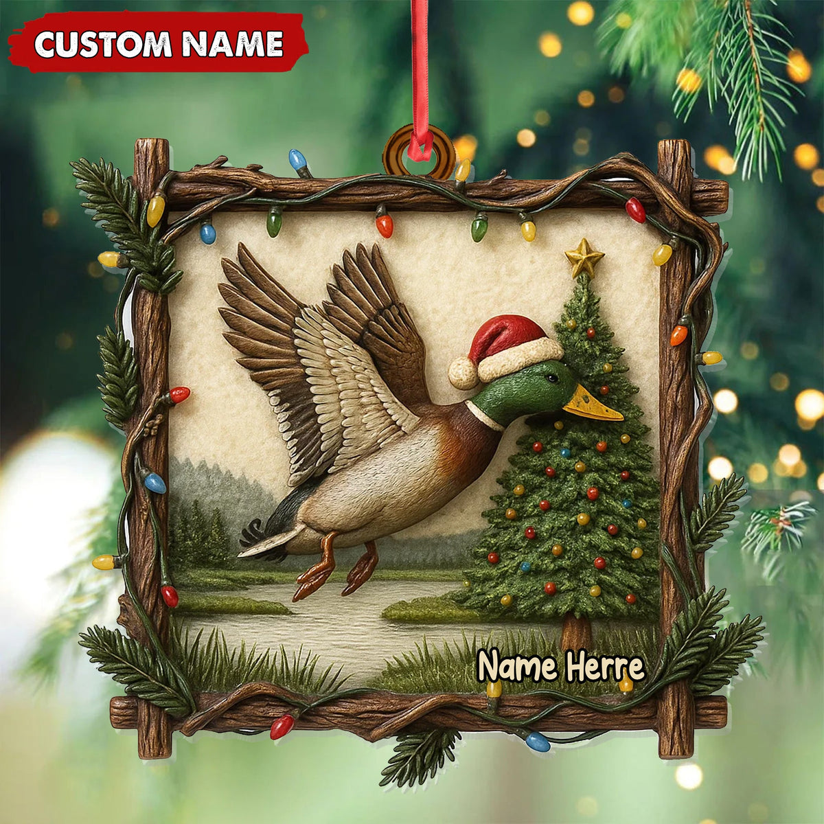 Personalized Flying Duck Christmas Ornament, Custom Name Hunting Gift for Outdoor Lovers