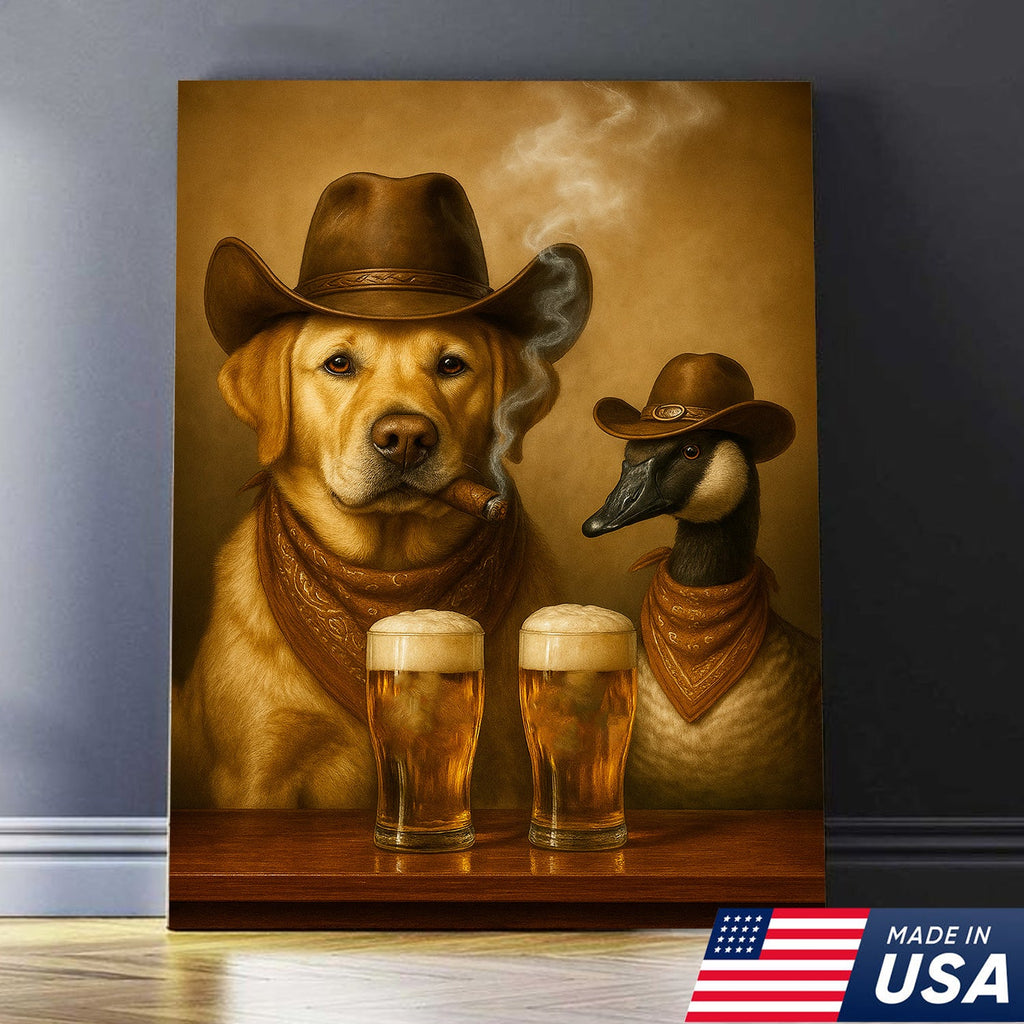 Funny Cowboy Dog & Goose Canvas Wall Art – Funny Beer & Smoking Western Decor for Hunters