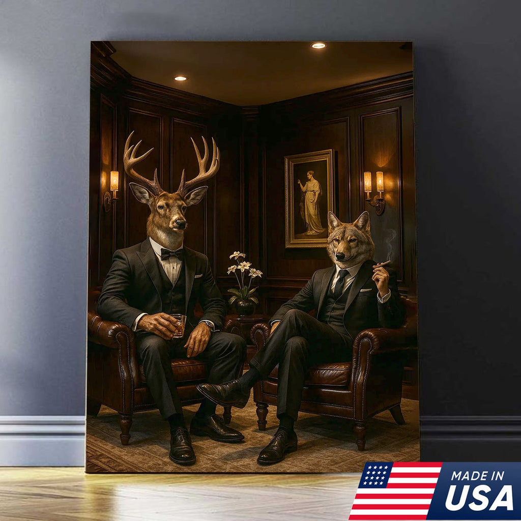 Elegant Deer and Wolf Canvas Wall Art - Sophisticated Animal Portrait in Suits, Luxury Rustic Decor