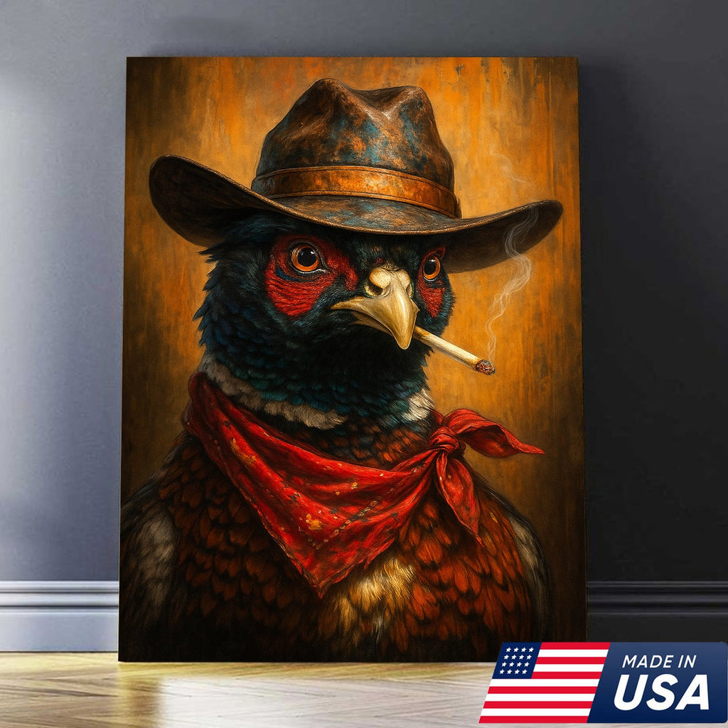 Smoking Pheasant Cowboy Portrait Canvas – Rustic Western Wall Art for Man Cave Decor