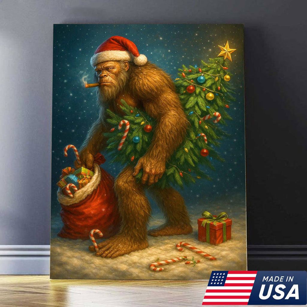 Funny Bigfoot Christmas Canvas Art, Sasquatch Holiday Wall Decor with Candy Canes