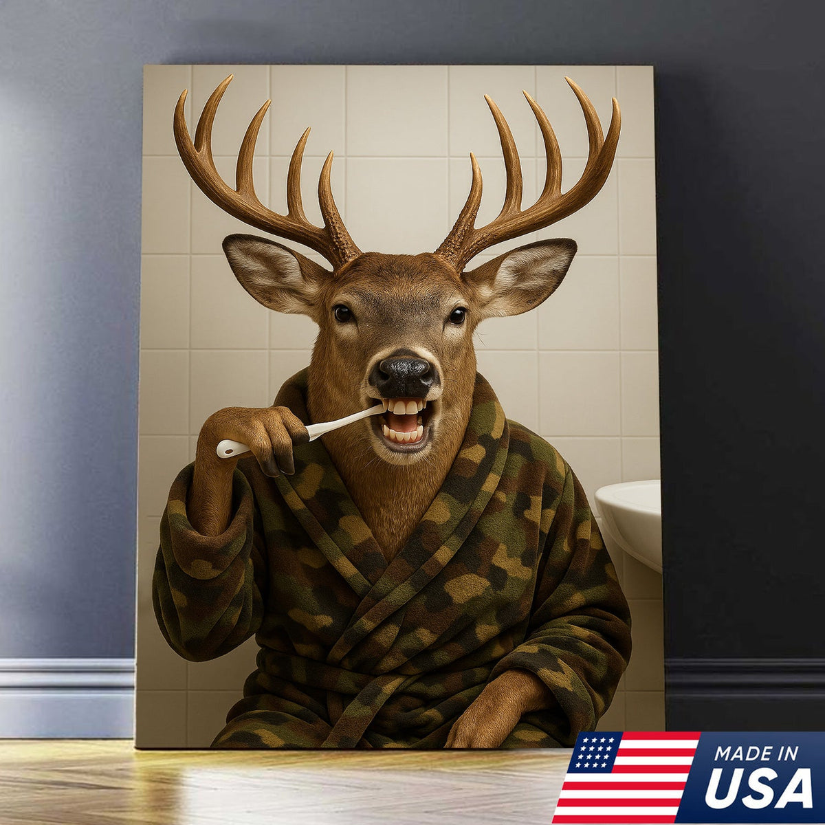 Funny Deer Brushing Teeth Wall Art – Rustic Bathroom Canvas for Cabin, Lodge & Man Cave Decor