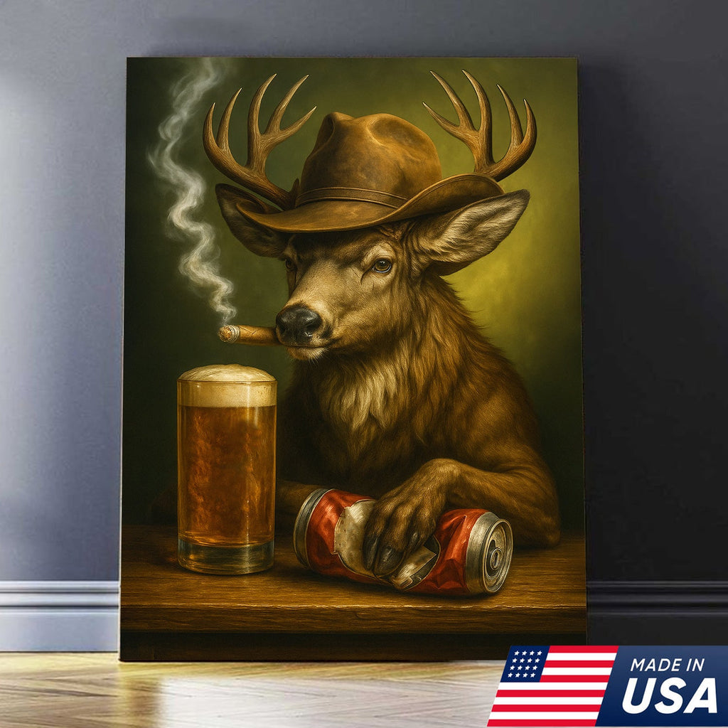 Funny Cowboy Buck Beer Canvas – Rustic Funny Wall Art Gift for Hunters, Bar Cabin & Man Cave Decor