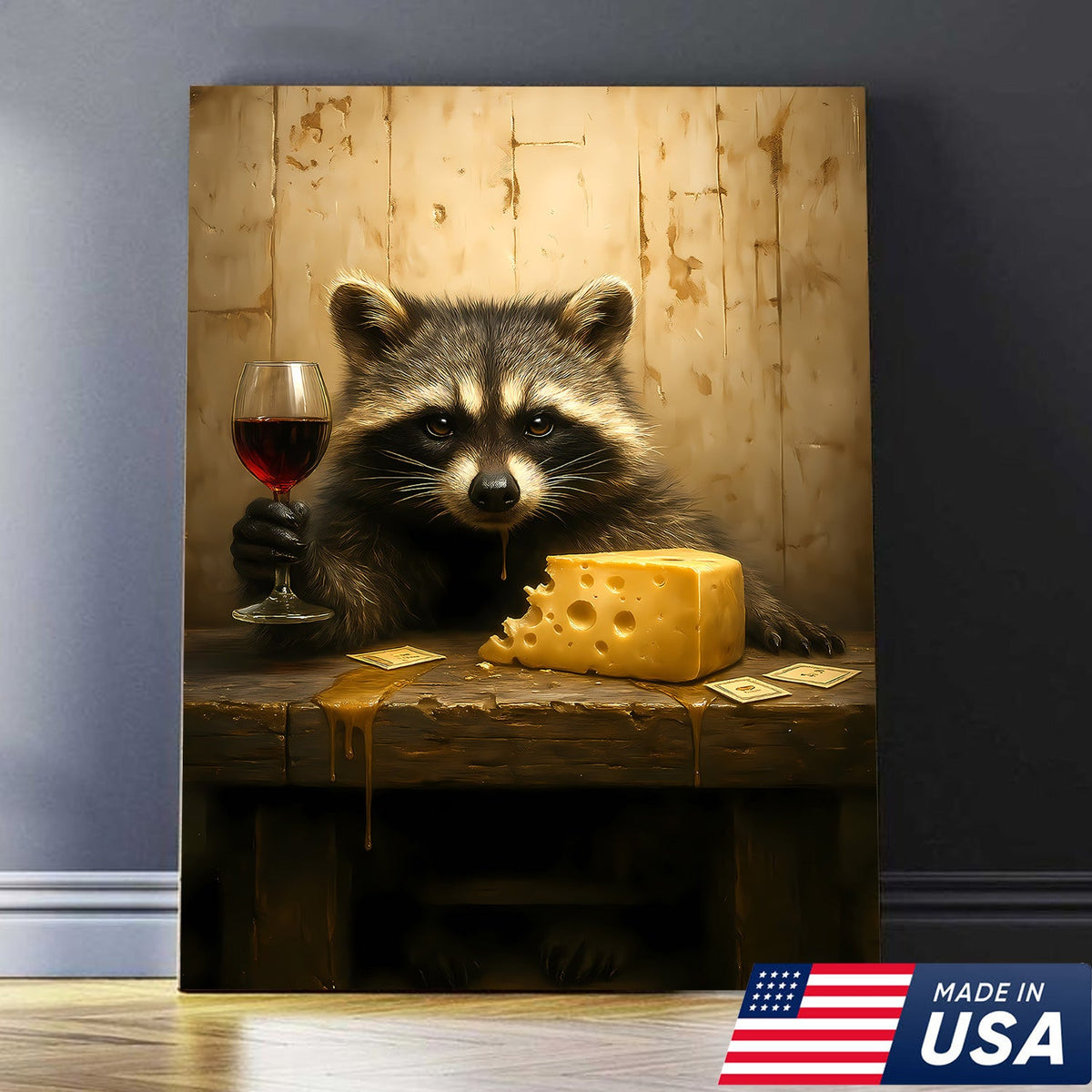 Raccoon with Wine and Cheese Canvas – Funny Bar Wall Art, Gentleman Gift for Men