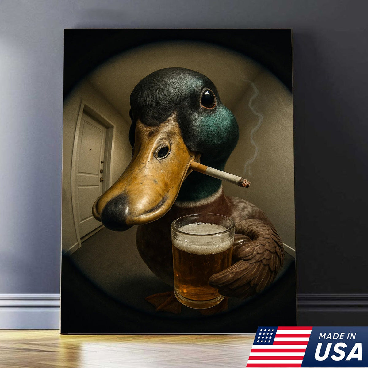 Mallard Duck Fisheye Canvas Wall Art – Funny Close-Up Door Peephole Portrait with Beer Glass