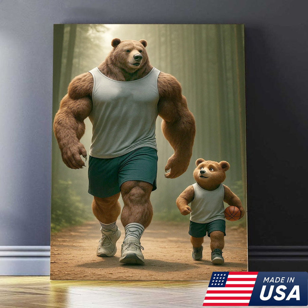 Buff Bear Dad and Cub Canvas Wall Art, Fitness Father and Son Bear Print