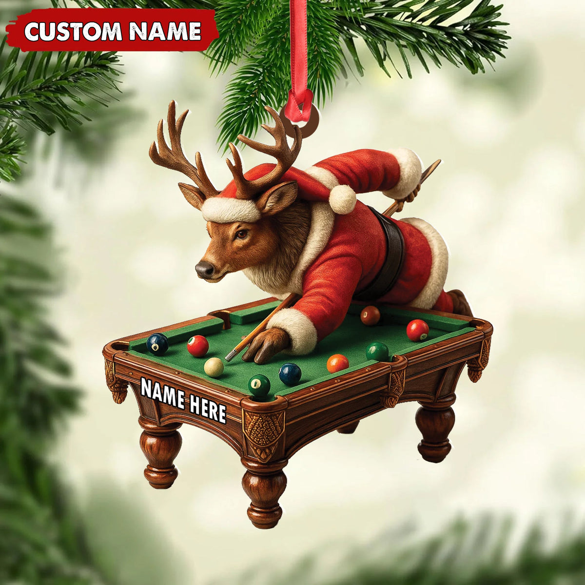 Personalized Acrylic Deer Christmas Ornament – Funny Buck Playing Pool in Santa Outfit Holiday Decor