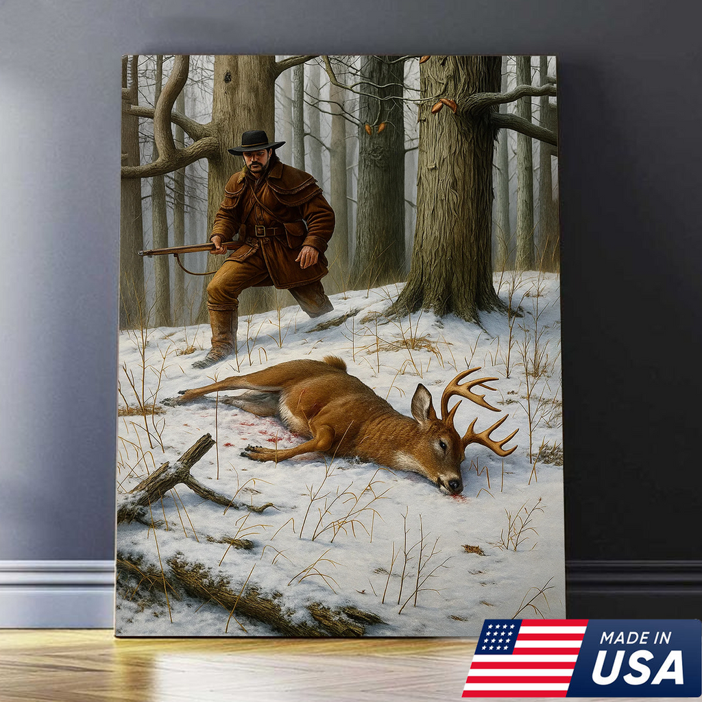 Deer Hunting Canvas Wall Art – Rustic Winter Forest Scene, Hunter with Rifle and Buck